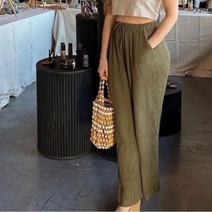 Abercrombie & Fitch women ML long green olive crinkle pants wide leg lounge